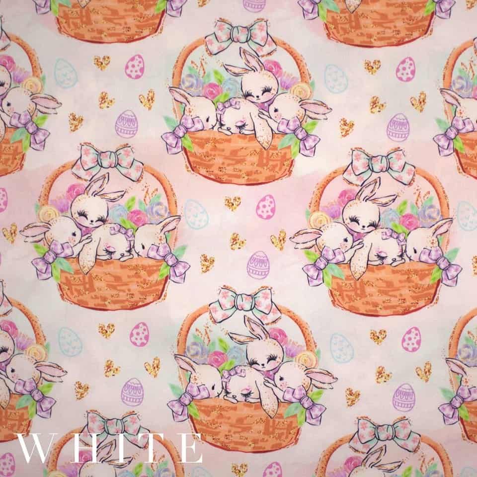 Basket Bunnies in White Fabric - Floral Fanatics Fabric